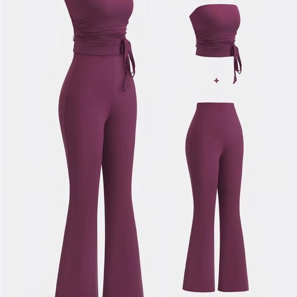 Strapless Ruched Crop & High-Waist Flare Jumpsuit Set - Plum - Picture 4 of 7